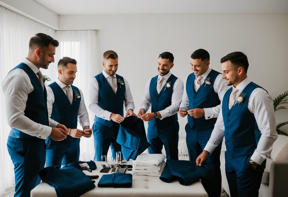 Groomsmen assist in wedding preparations, organizing attire, and supporting the groom on the big day