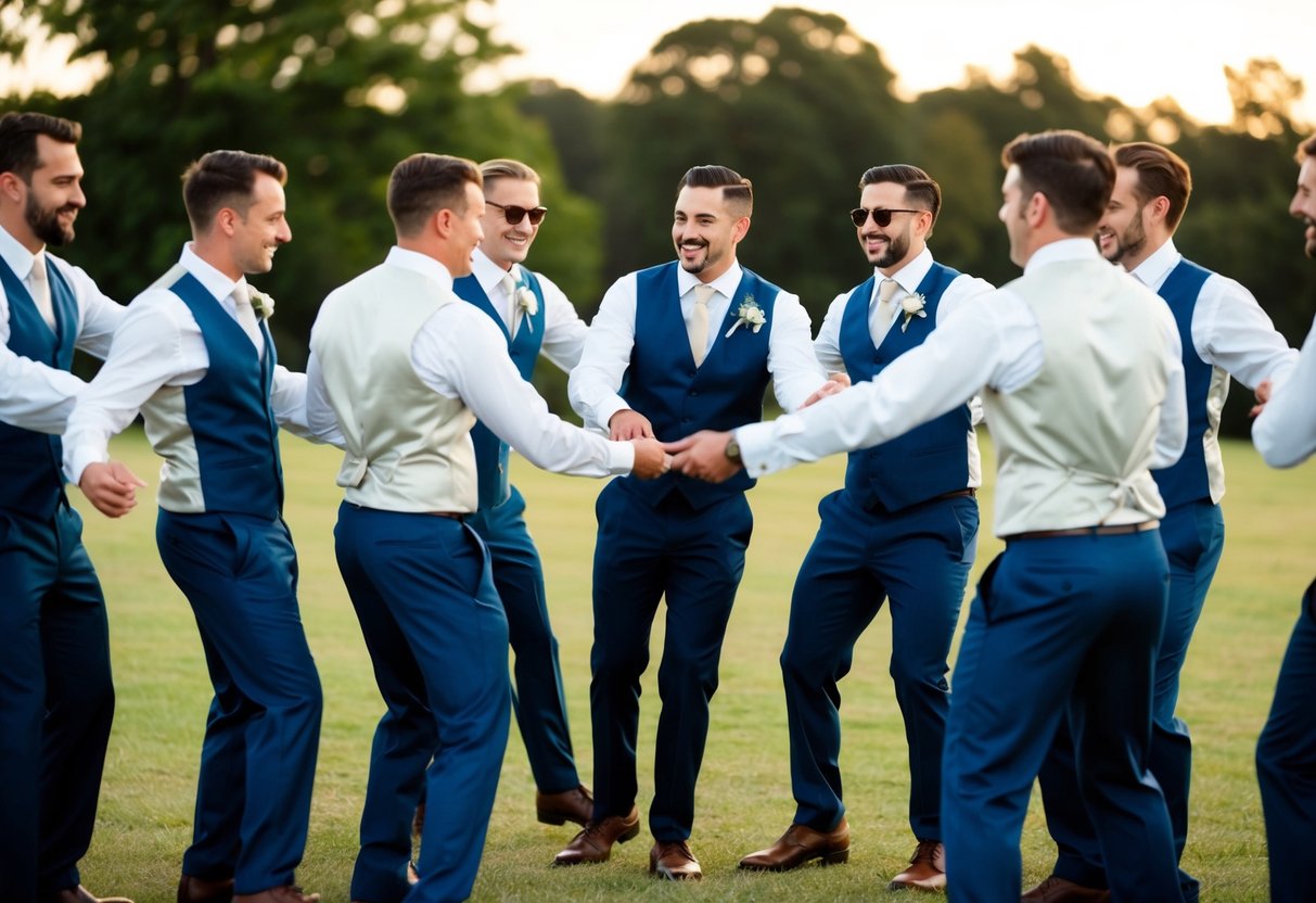 Groomsmen gather in a circle, with one at the center directing the others in a celebratory dance