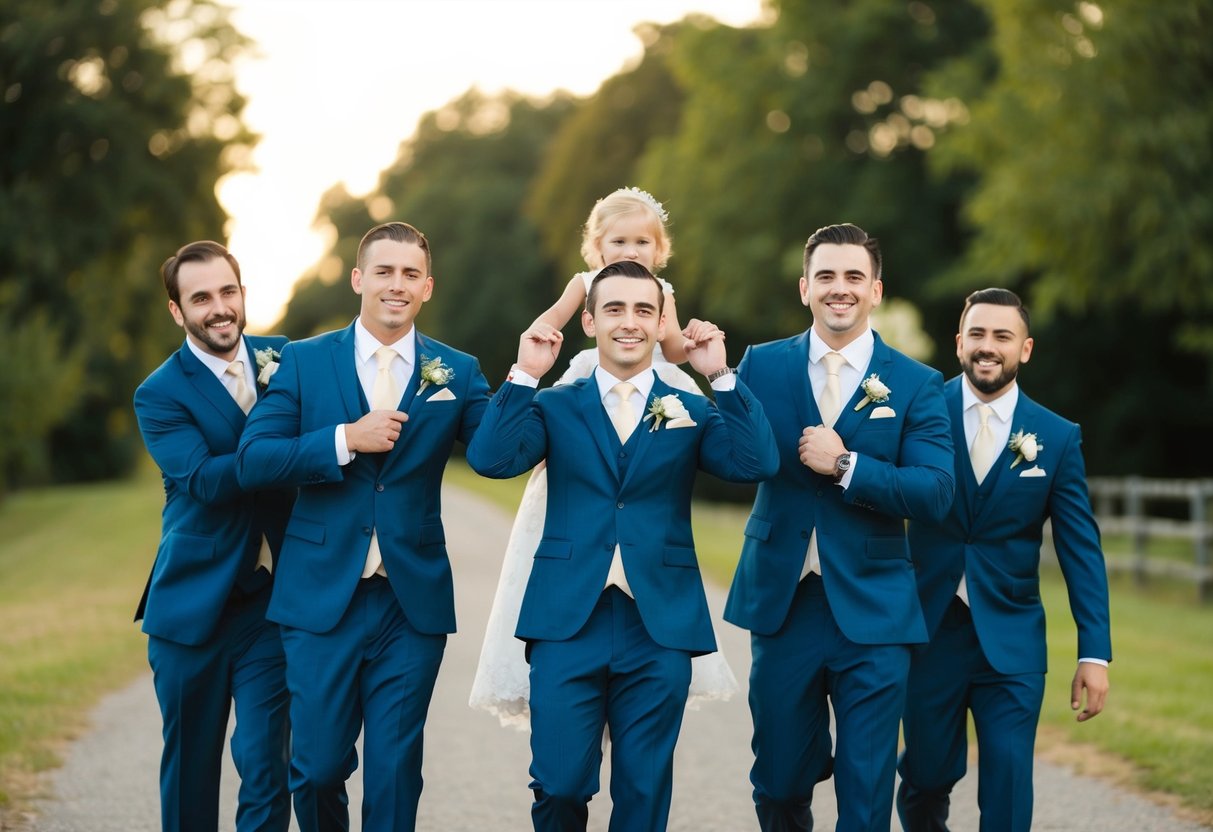 A group of groomsmen holding up the groom, with one leading the way