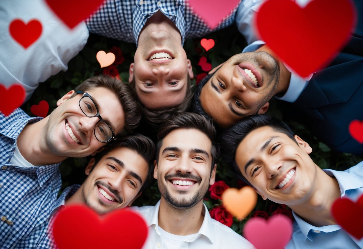 A group of smiling male figures surrounded by hearts and flowers