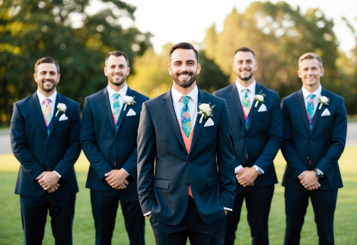 Groomsmen stand out with matching boutonnieres against dark suits and colorful ties