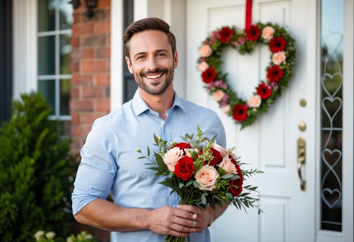 A man smiling while holding a bouquet of flowers, standing in front of a house with a heart-shaped wreath on the door