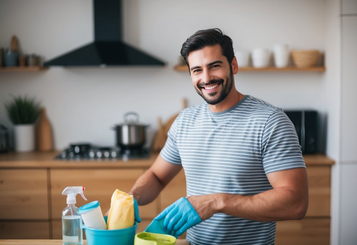 A man smiling while doing household chores