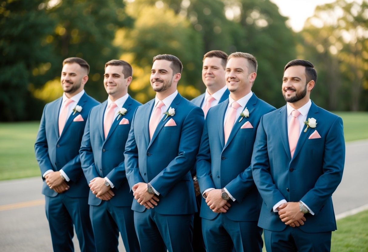 A group of groomsmen stand in a line, all wearing matching suits with a pop of color in their ties or pocket squares