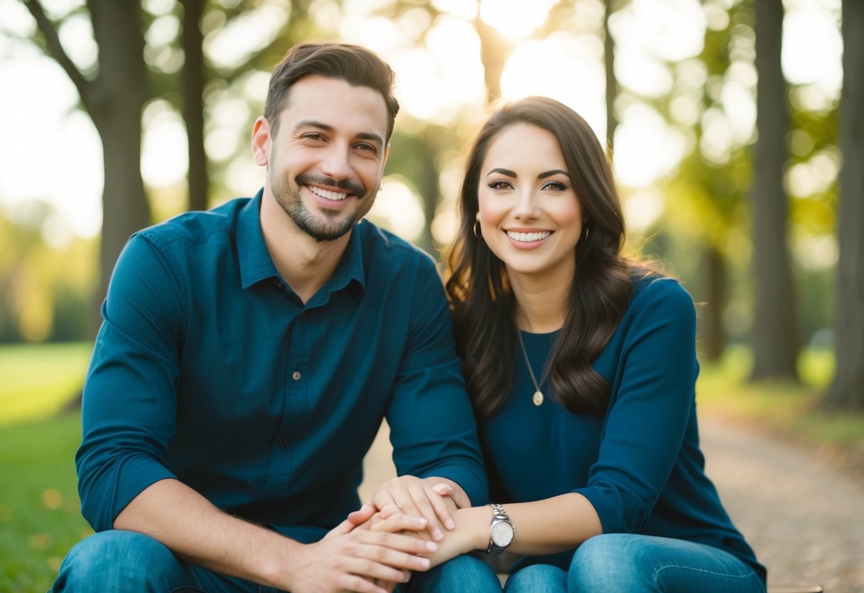 A couple sitting together, smiling and holding hands