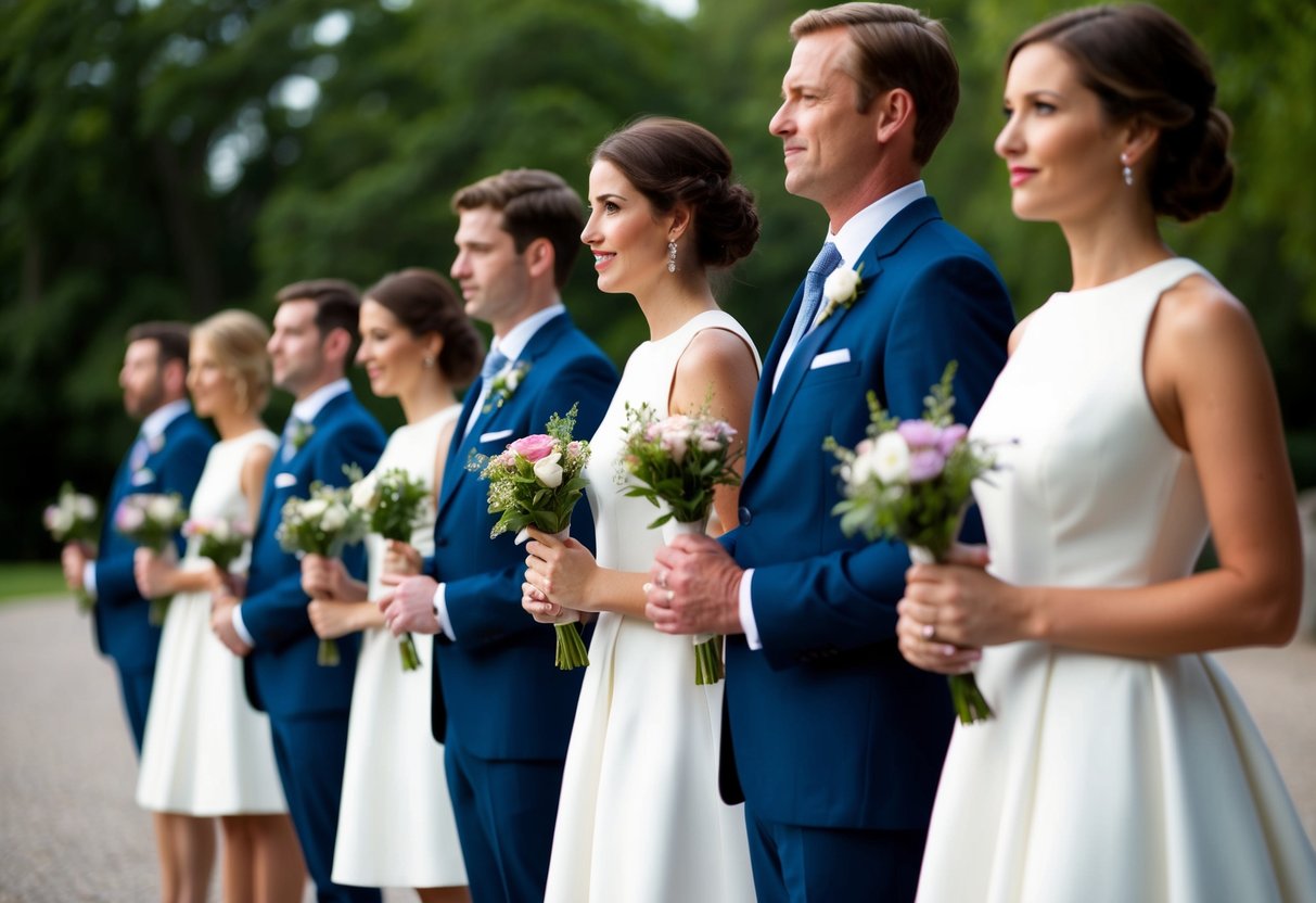 A group of well-dressed figures standing in a line, each holding a small bouquet of flowers and looking towards the viewer