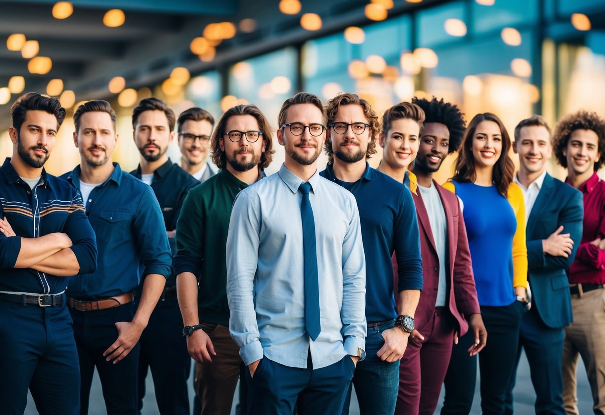 A group of diverse characters stand in a line, each with a distinct personality and style, creating a dynamic and lively atmosphere