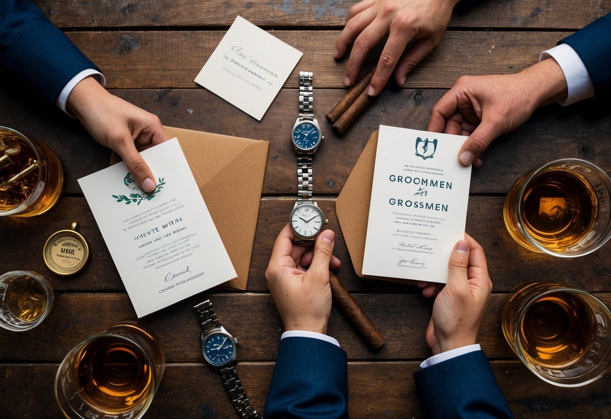 Groomsmen receive personalized invitations in a rustic setting, with vintage watches and a handwritten note, surrounded by whiskey and cigars