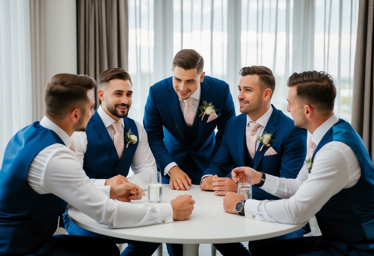A group of groomsmen gather around a table, discussing and debating the ideal time to be asked to be part of a wedding party