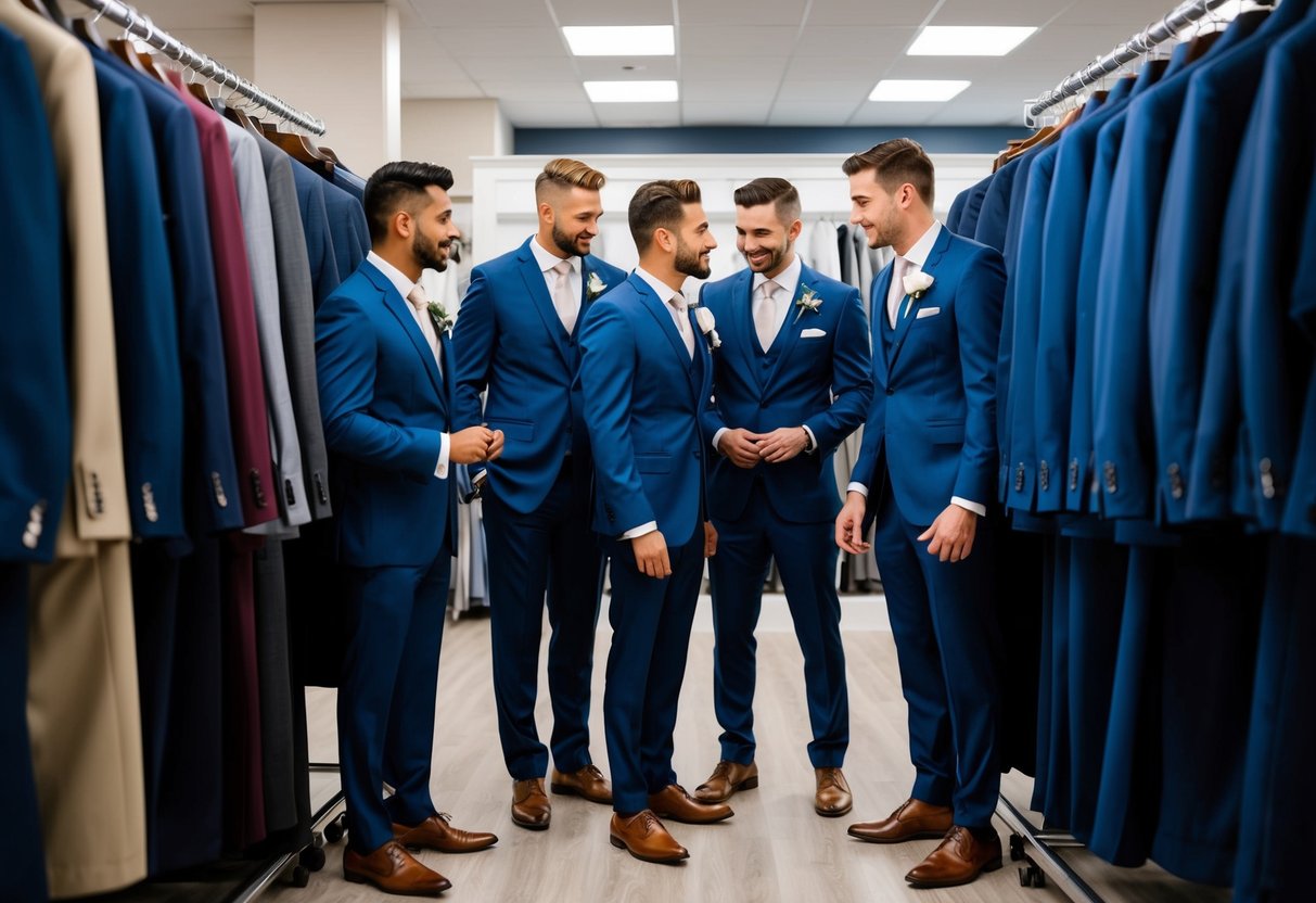 A group of groomsmen browsing through racks of suits in a formal wear shop, discussing and comparing different styles and colors