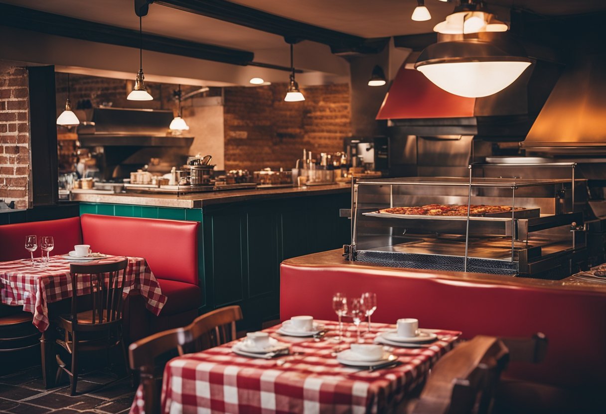 A bustling Italian restaurant in Colchester, Essex, with a wood-fired pizza oven, cozy red-checkered tablecloths, and diners enjoying traditional Italian dishes