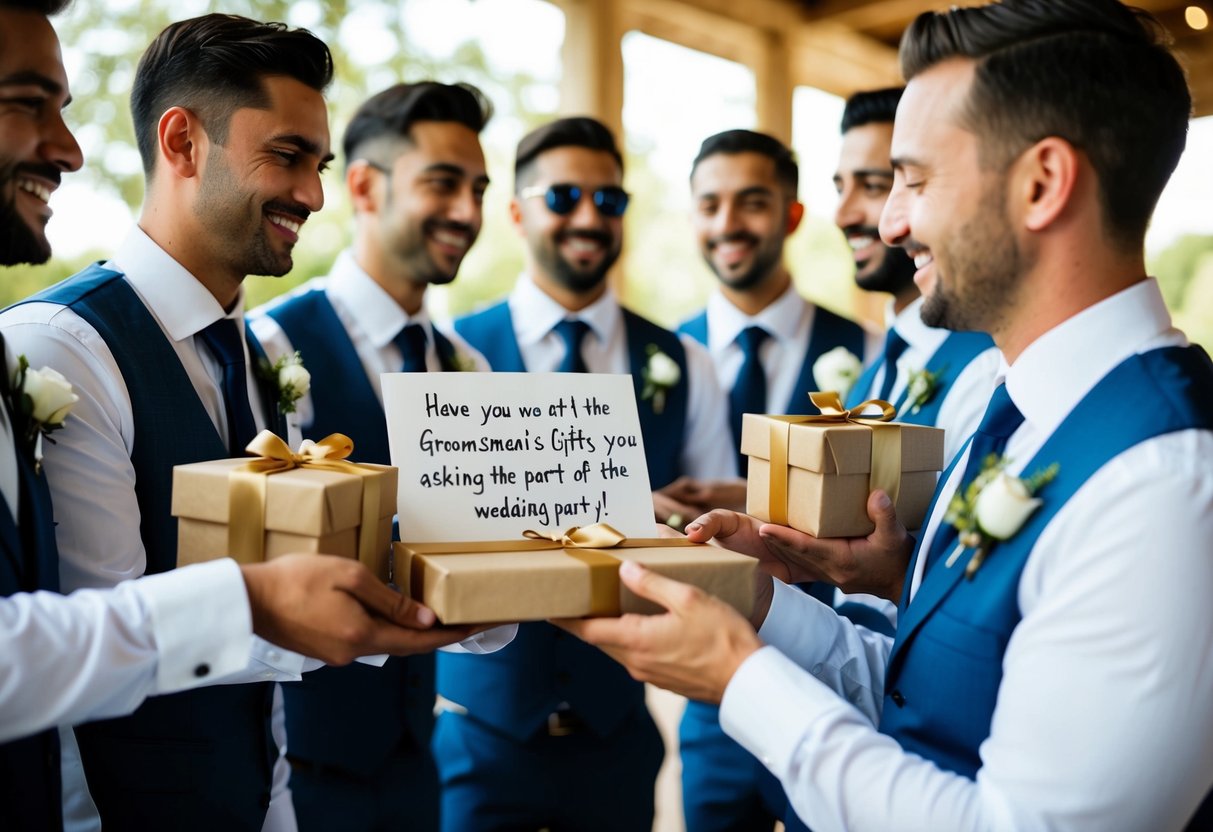 A group of groomsmen receive personalized gifts and a handwritten note, asking them to be part of the wedding party