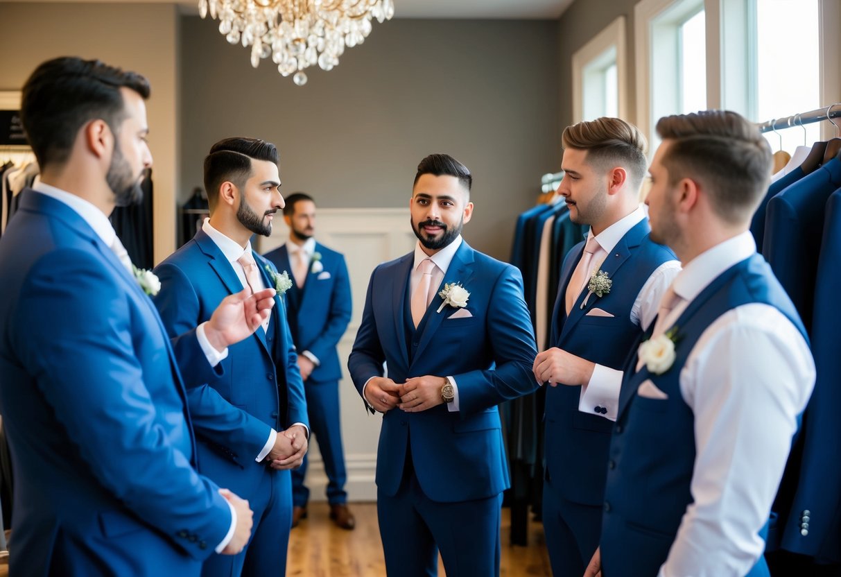 A group of groomsmen trying on suits at a formal menswear shop, discussing payment and options with the tailor