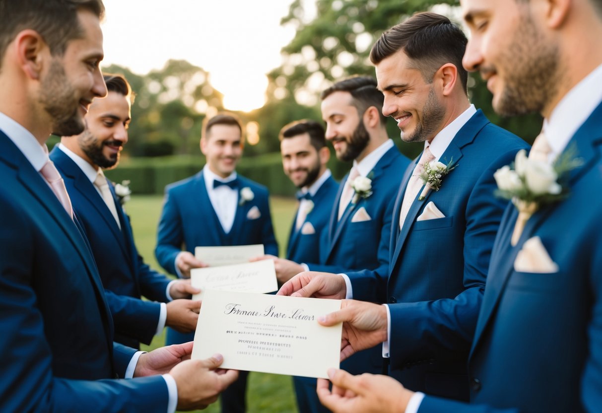 Groomsmen receiving formal invitations in the mail