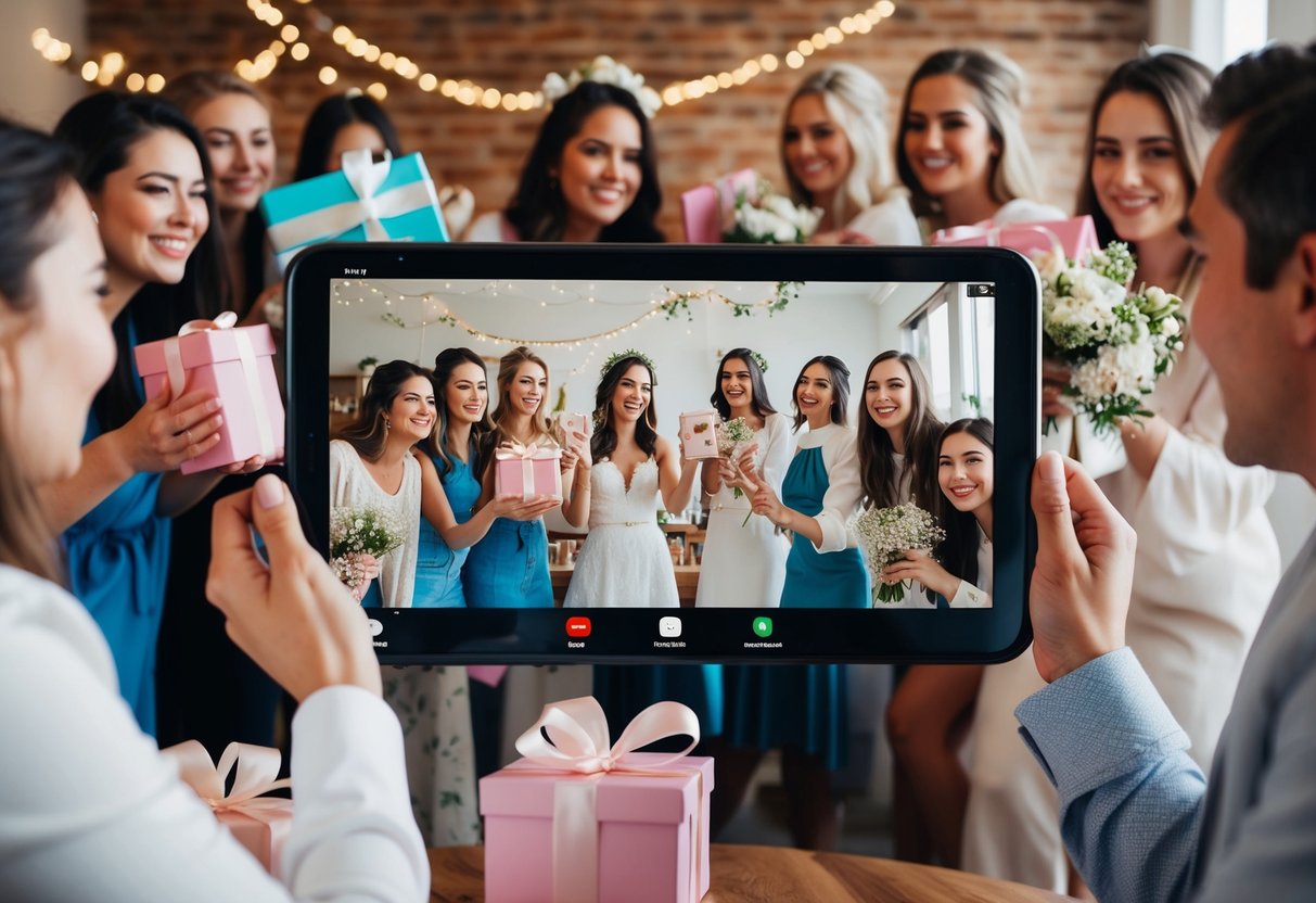 A group of friends gather on a video call, holding up gifts and toasting the bride-to-be. Decorations and flowers adorn the virtual space