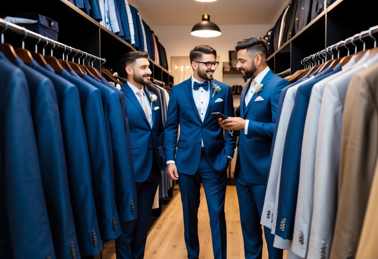 Groomsmen browsing through racks of suits in a stylish menswear store, comparing prices and discussing options with the tailor