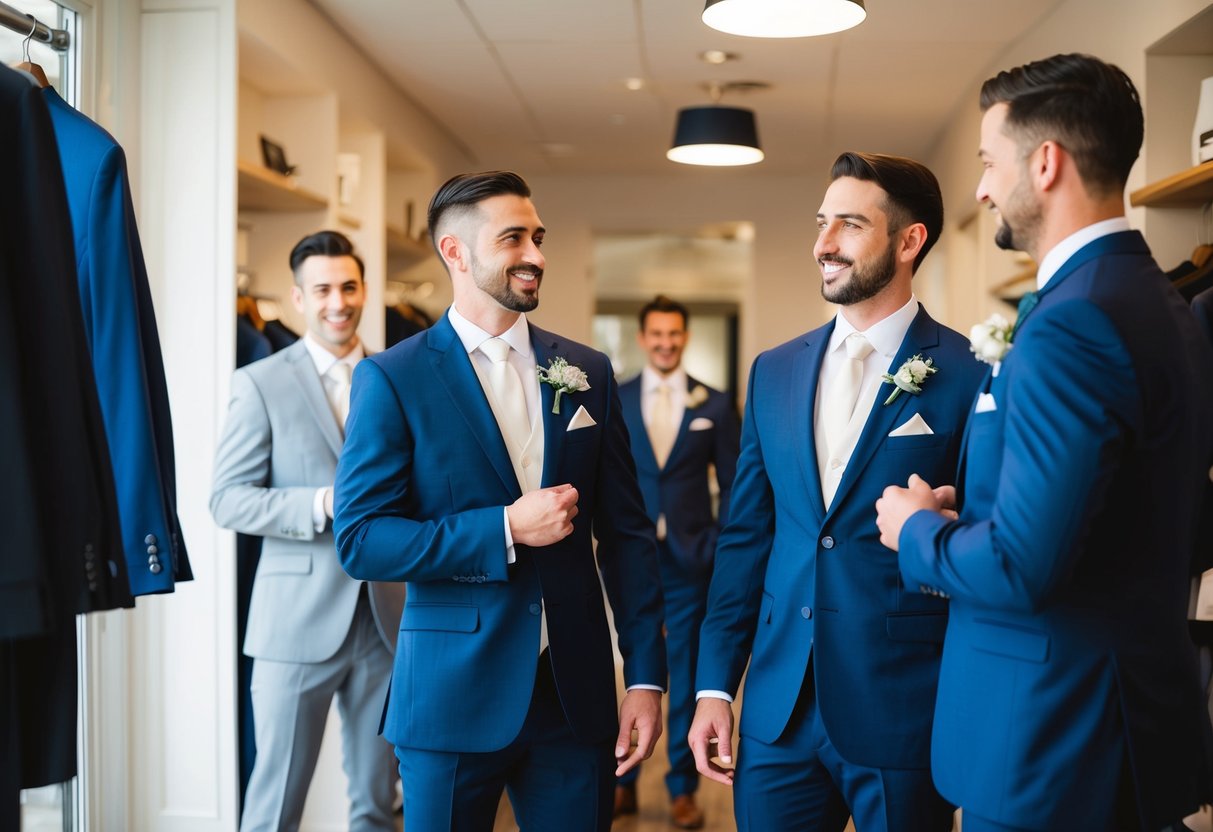 Groomsmen selecting and trying on suits at a formalwear shop