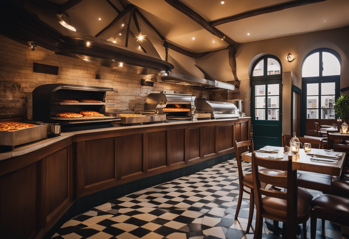 A cozy Italian restaurant in Colchester, Essex, with a wood-fired pizza oven, checkered tablecloths, and a display of traditional Italian ingredients