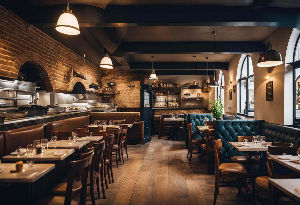 A bustling Italian restaurant in Colchester, Essex, with a wood-fired pizza oven and a cozy dining area filled with happy customers enjoying their meals