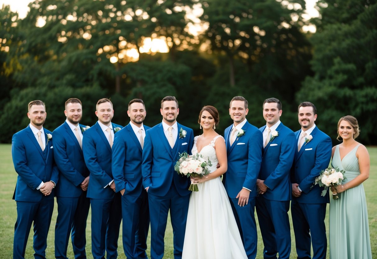 A group of groomsmen in suits stand together, outnumbering a smaller group of bridesmaids in dresses. The groomsmen appear relaxed while the bridesmaids look slightly outnumbered