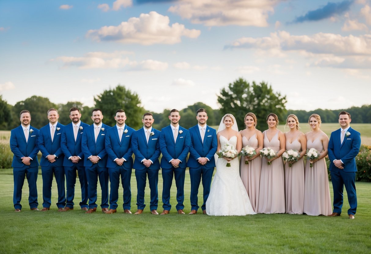 A group of groomsmen stand in a line, while a smaller group of bridesmaids stand nearby, creating an uneven balance in the wedding party structure