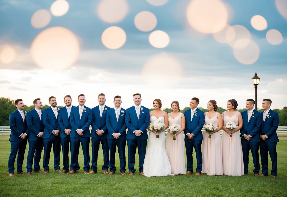 A group of groomsmen and bridesmaids stand in two separate lines, with an extra groomsman awkwardly positioned on one side. The uneven numbers create a visual imbalance in the wedding party