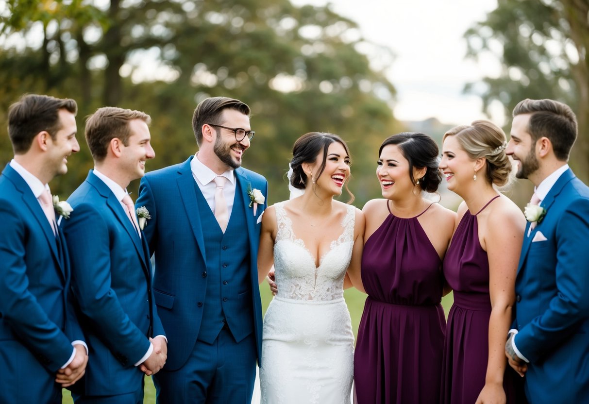 A group of groomsmen and bridesmaids stand in a semi-circle, laughing and chatting together, creating a harmonious and balanced scene
