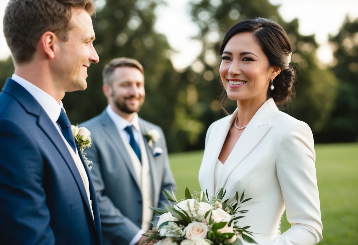 A woman in a formal suit stands next to the groom, holding a bouquet and smiling