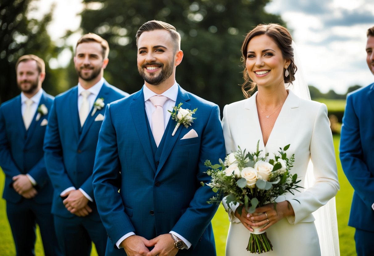 A woman stands beside the groom, wearing a suit like the other groomsmen. She holds a bouquet and smiles