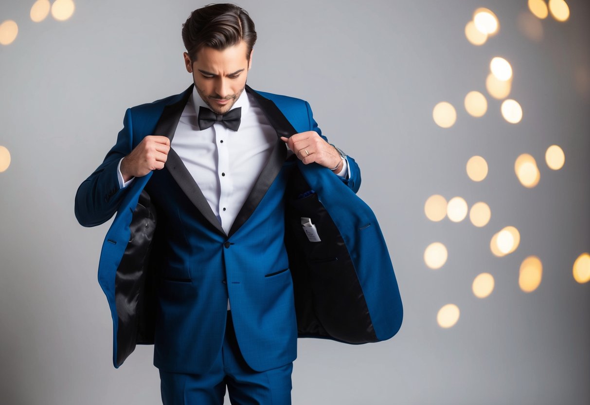 A man turning down a tuxedo and bowtie, shaking his head