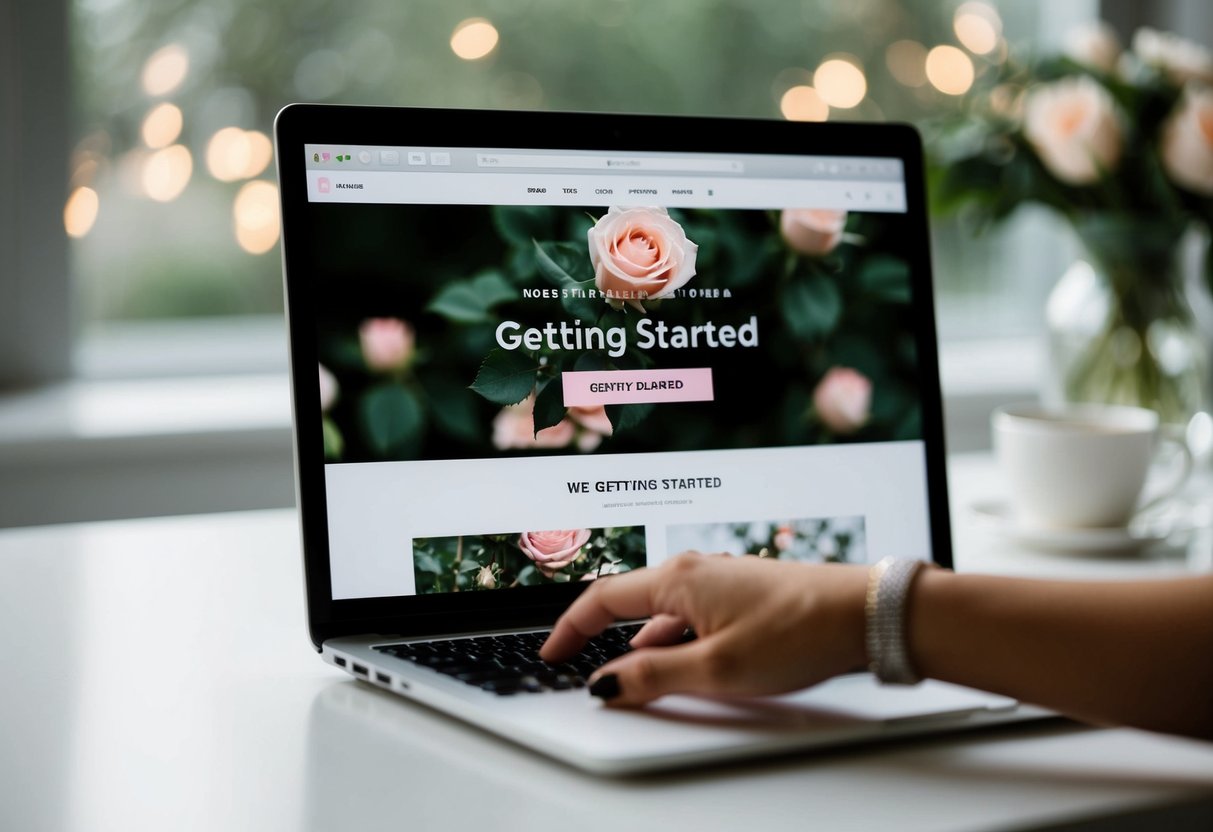 A laptop open to the Rose Brides website, with a cursor hovering over the "Getting Started" button