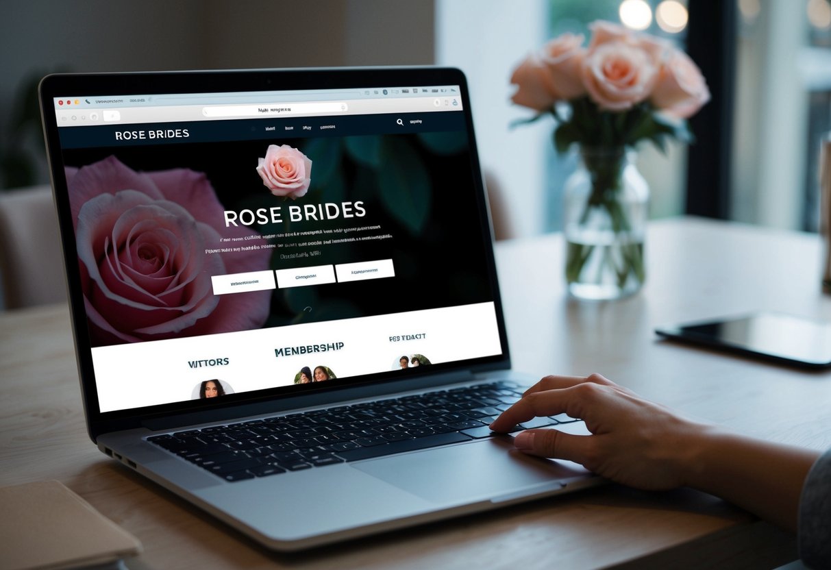 A laptop with a browser open to the Rose Brides website, with various membership options displayed on the screen