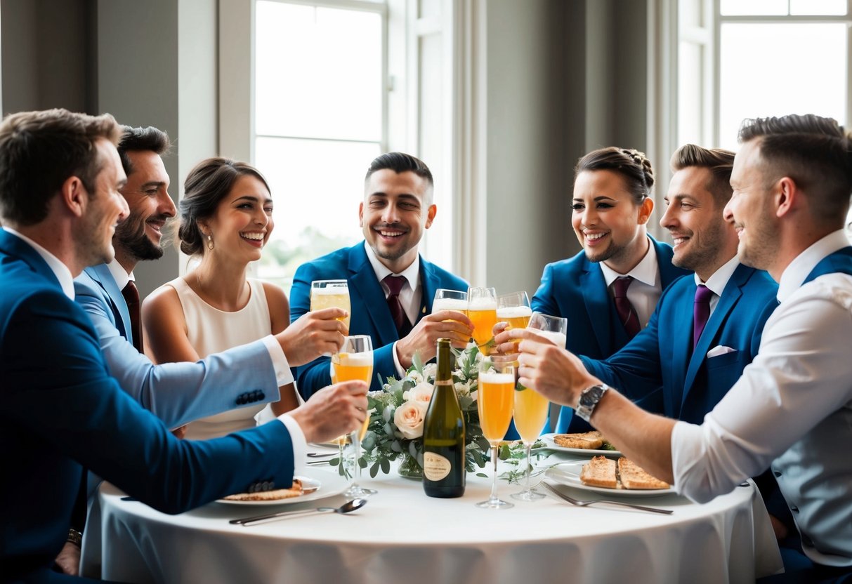 A group of friends gathered around a table, toasting with drinks and laughing together. One friend is declining a groomsman invitation, while the others listen attentively