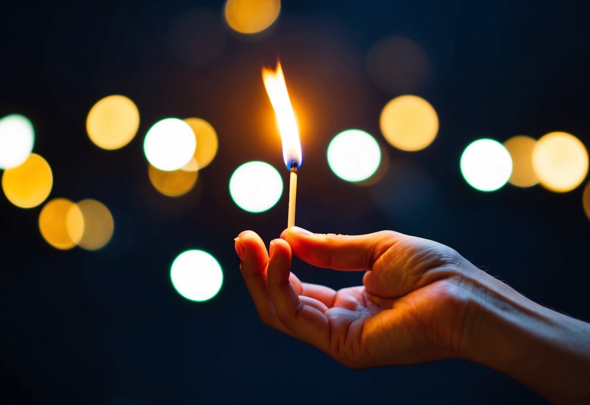 A hand reaching out to light a match against a dark background