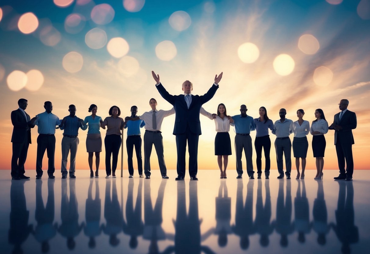 A figure stands at the center of a diverse group, symbolizing support and unity