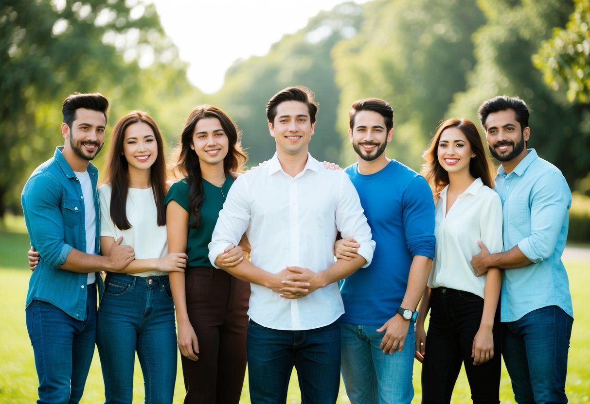 A group of close friends standing together, one person in the center with a sense of camaraderie and support from the others