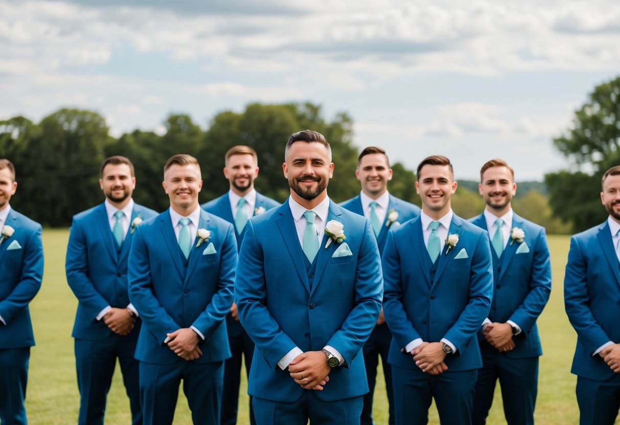 A group of groomsmen standing in a line, each wearing a matching suit and tie, with a groom in the center
