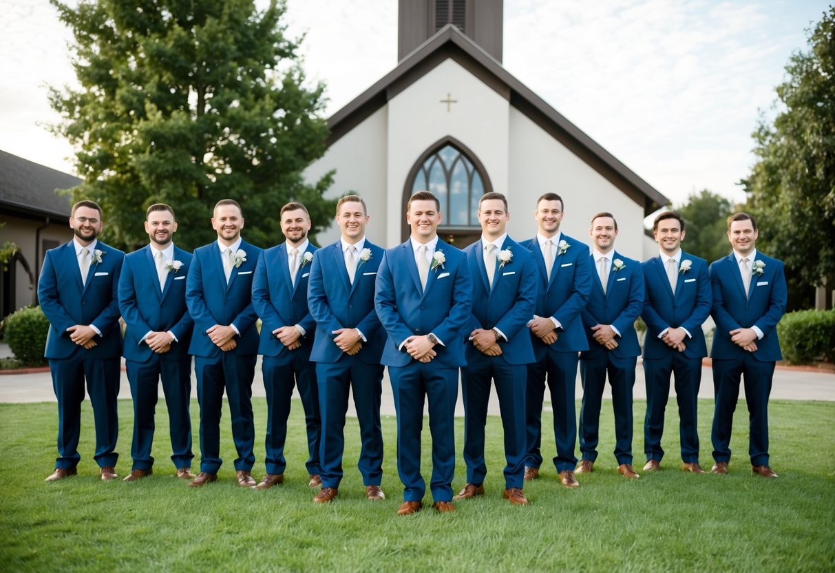 A group of groomsmen of varying ages stand in a line, dressed in matching suits and holding bouquets. They are gathered in front of a church or wedding venue
