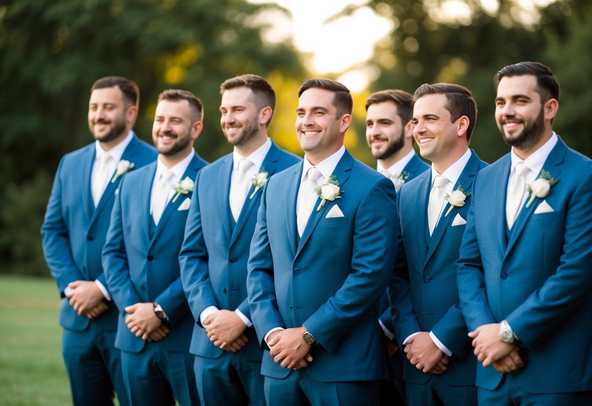 A group of groomsmen standing in a line, dressed in matching suits, holding boutonnieres and smiling