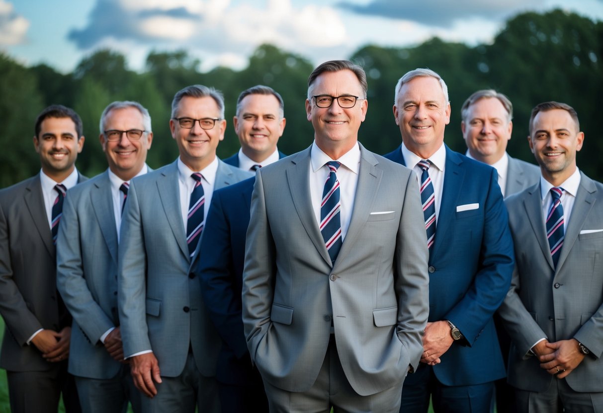 A group of men of varying ages standing together, dressed in matching suits and ties, with a focus on the camaraderie and unity among them