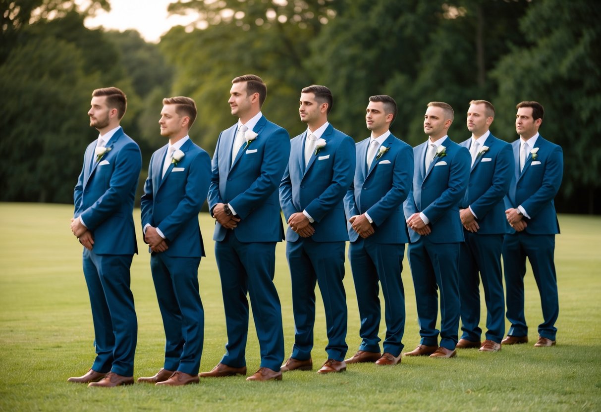 A group of groomsmen standing in line, varying in age but all dressed in matching suits, waiting for the wedding ceremony to begin