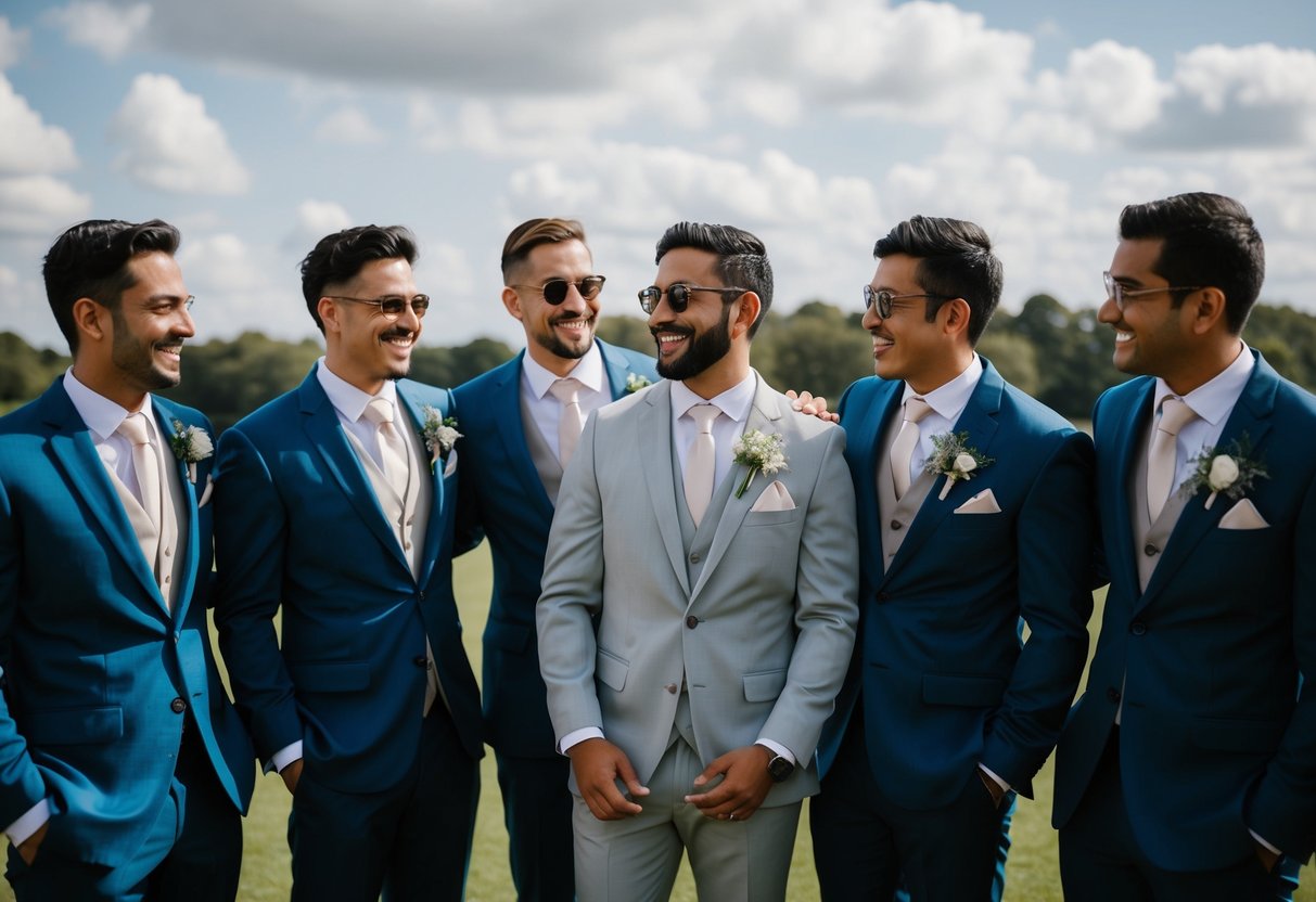 A group of groomsmen, dressed in matching attire, stand together at a pre-wedding event, sharing laughter and camaraderie
