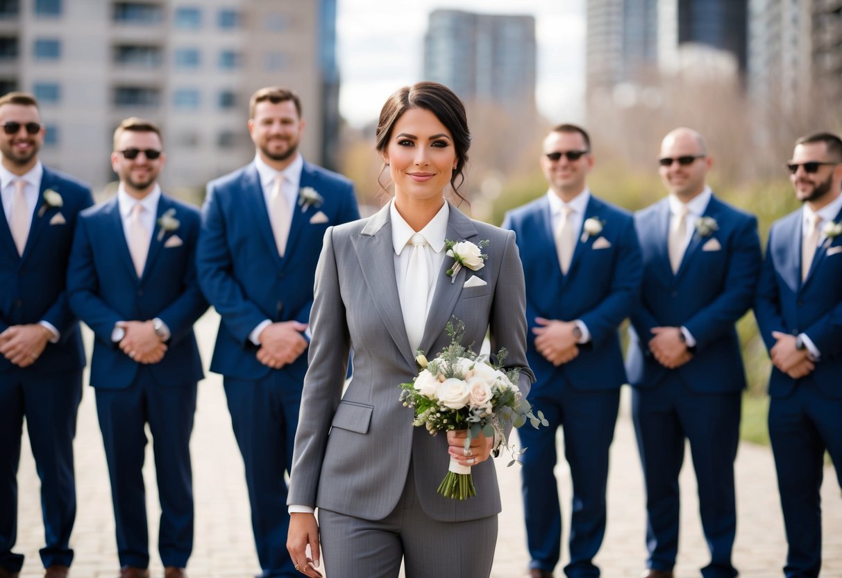 A woman stands proudly in a tailored suit, surrounded by groomsmen, holding a boutonniere