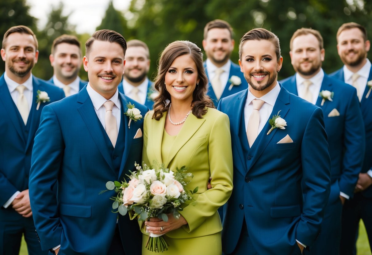 A woman in a suit stands next to the groom, holding a bouquet. The wedding party poses for a photo