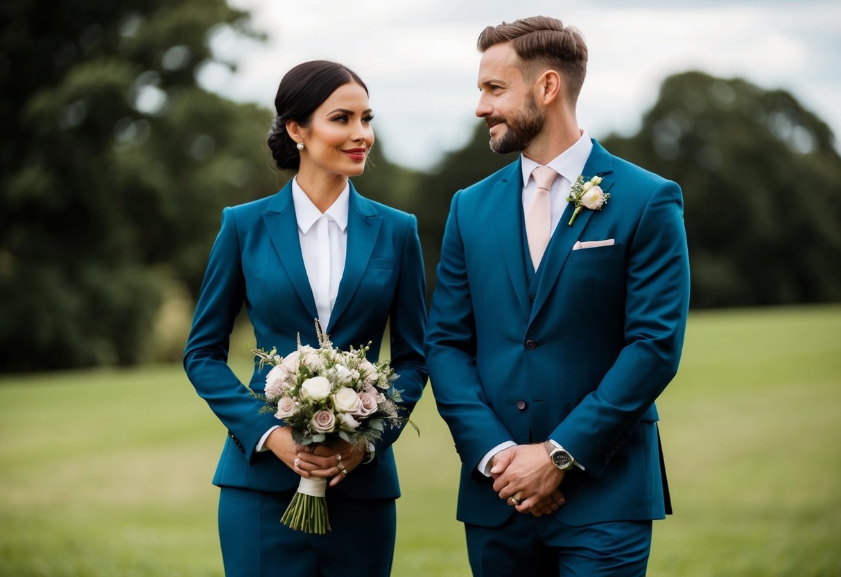 A woman in a tailored suit stands confidently beside the groom, holding a bouquet of flowers