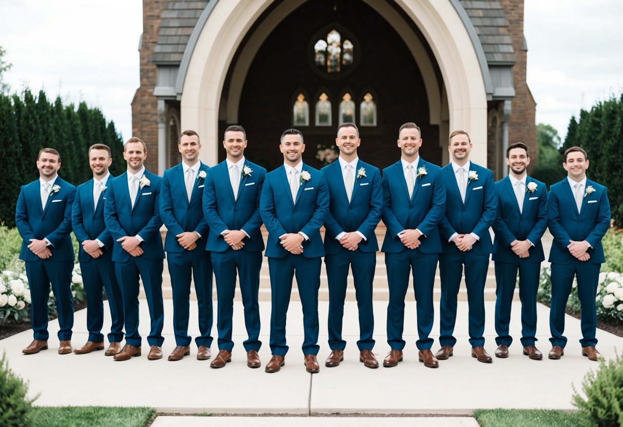A group of 10 groomsmen standing in a line, wearing matching suits and holding bouquets or boutonnieres. They are arranged in a formal setting, such as a church or outdoor ceremony