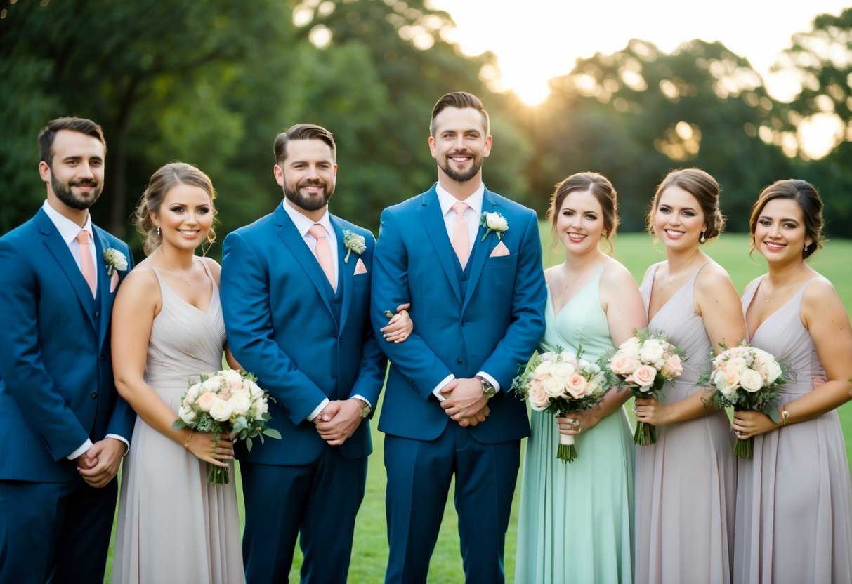 Groomsmen and bridesmaids stand together, wearing matching colors