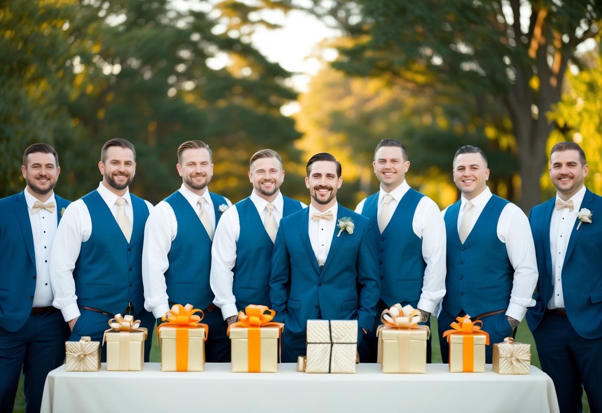 A group of ten coordinating groomsmen attire and gifts displayed on a table