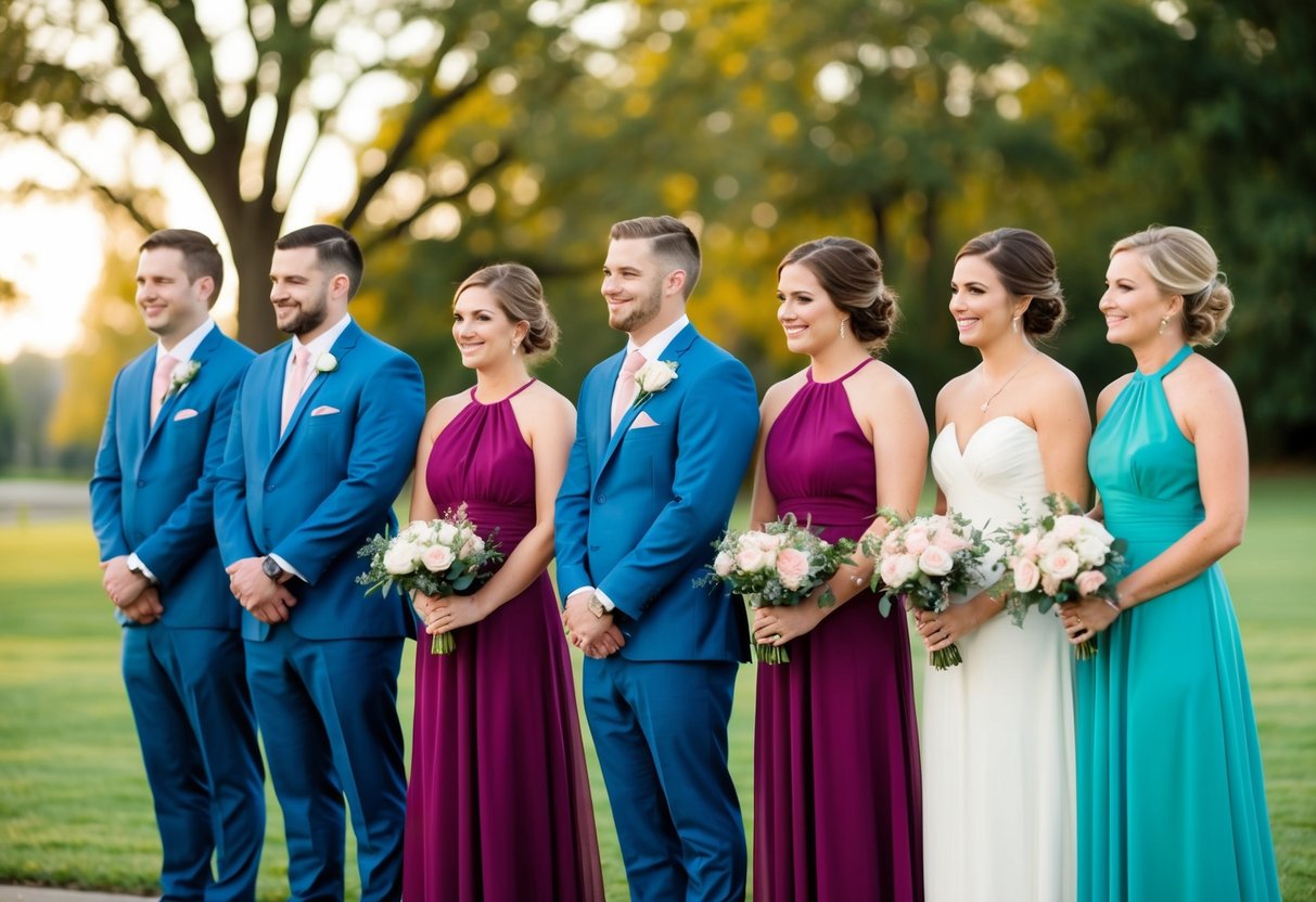 Groomsmen and bridesmaids stand in a row, wearing matching colors