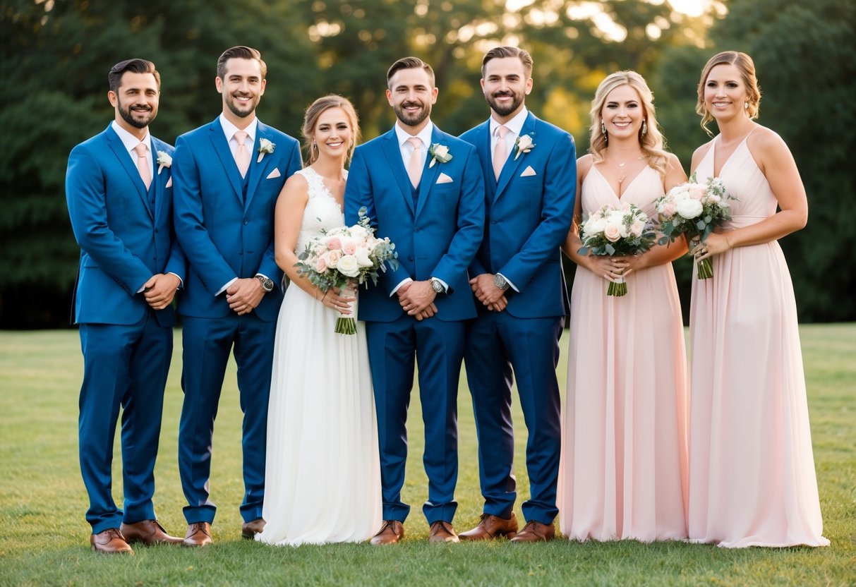 Groomsmen and bridesmaids stand together, showcasing matching colors in their attire